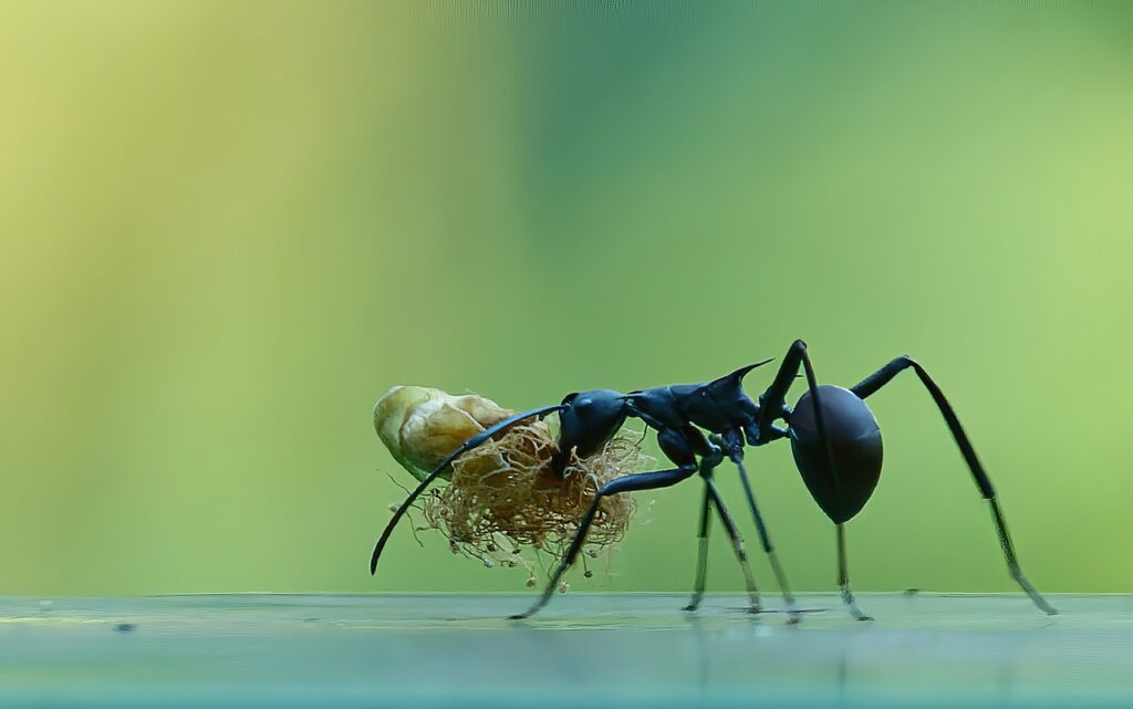single carpenter ant with some material that it has collected